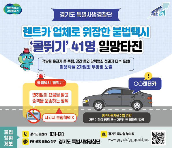 도민 안전 위협한 불법콜택시… 경기도, 조직적 영업 41명 검찰 송치 ― 무자격 운전자·강력범죄 전과자까지… 5년간 억대 부당이득 챙긴 ‘콜뛰기’ 조직 적발 기사 이미지