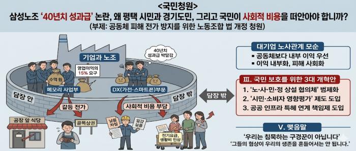 “삼성노조 ‘40년치 성과급’ 논란”… 노동조합법 개정 국민청원 제기 기사 이미지