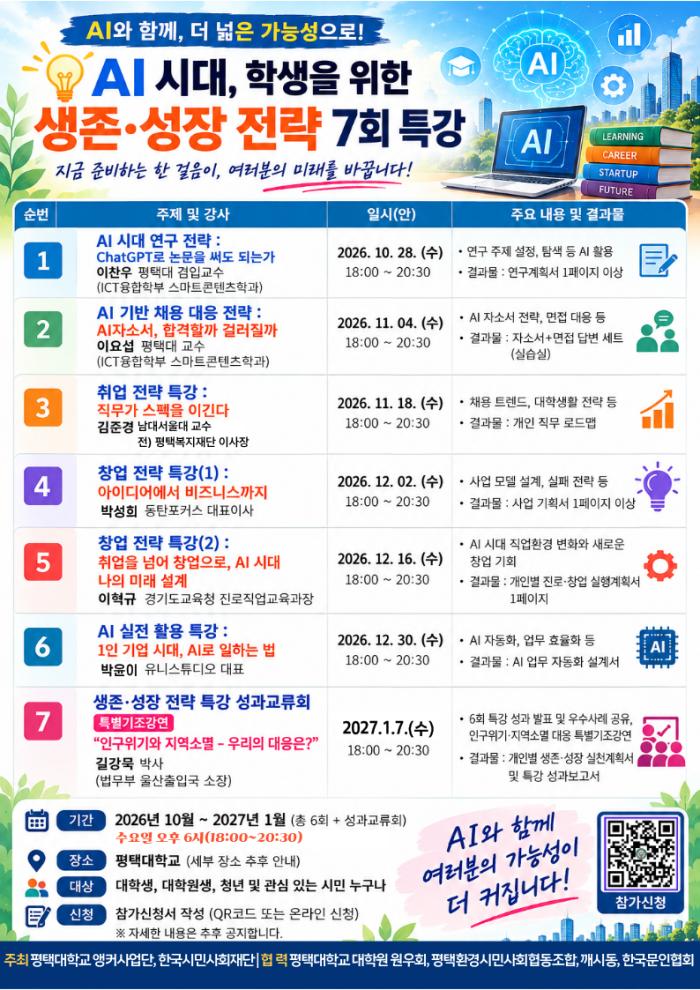[시민 특별초대] AI 시대, 당신은 살아남을 준비가 되어 있습니까? — 평택대학교, 학생과 시민이 함께하는 ‘AI 시대 생존·성장 전략’ 7회 특강… 길강묵 박사 특별기조강연 ‘인구위기와 지역소멸 – 우리의 대응은?’ 기사 이미지